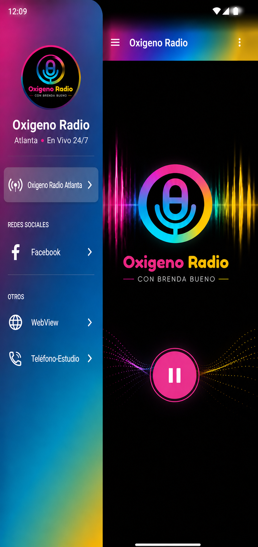 Aplicación móvil de Oxígeno Radio mostrando la señal en vivo y el menú